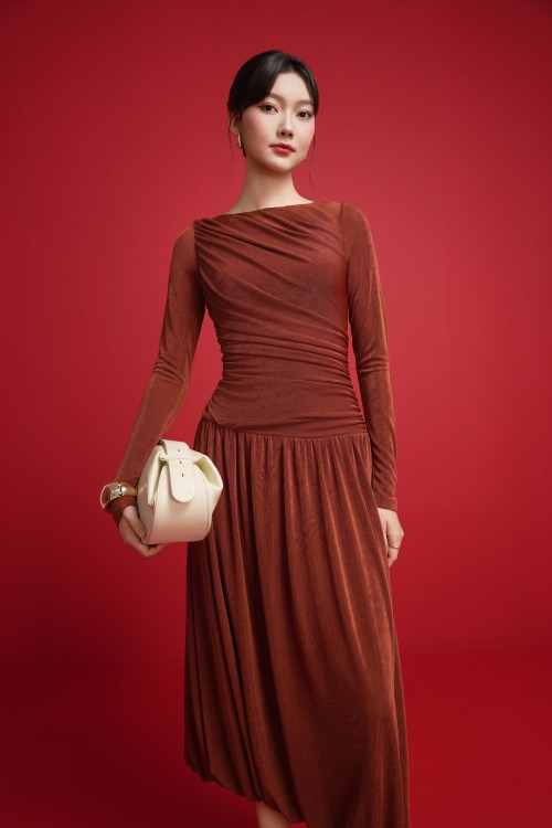 Sixdo Dark Cinnamon Knit Flared Dress